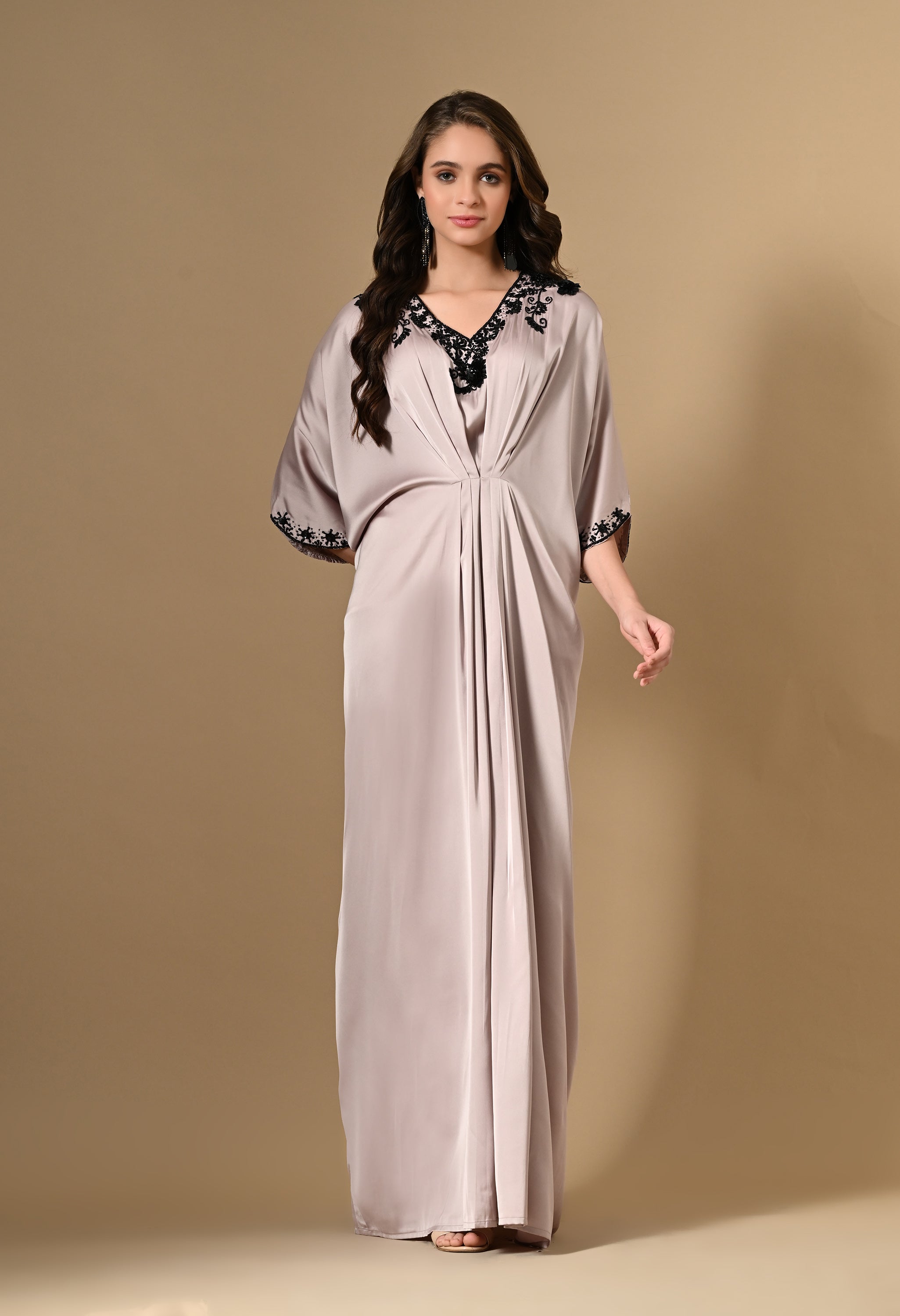 Beige Embellished Maxi Kaftan Dress