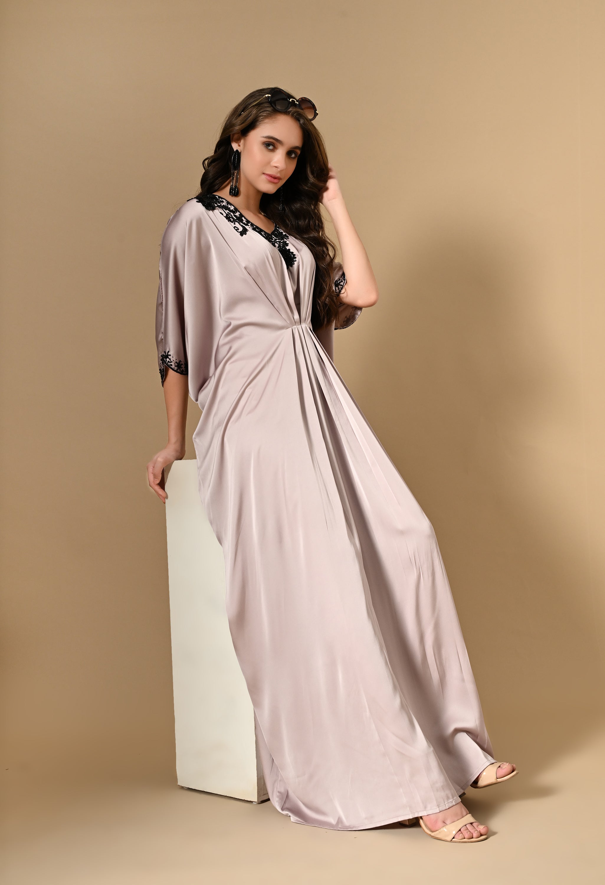 Beige Embellished Maxi Kaftan Dress