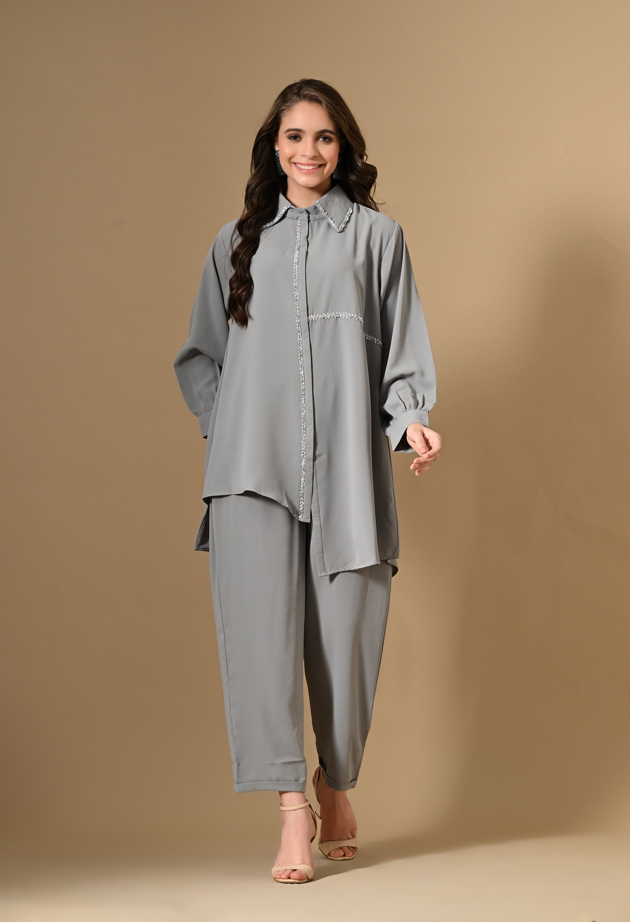 Grey Long Shirt Co-ord Set