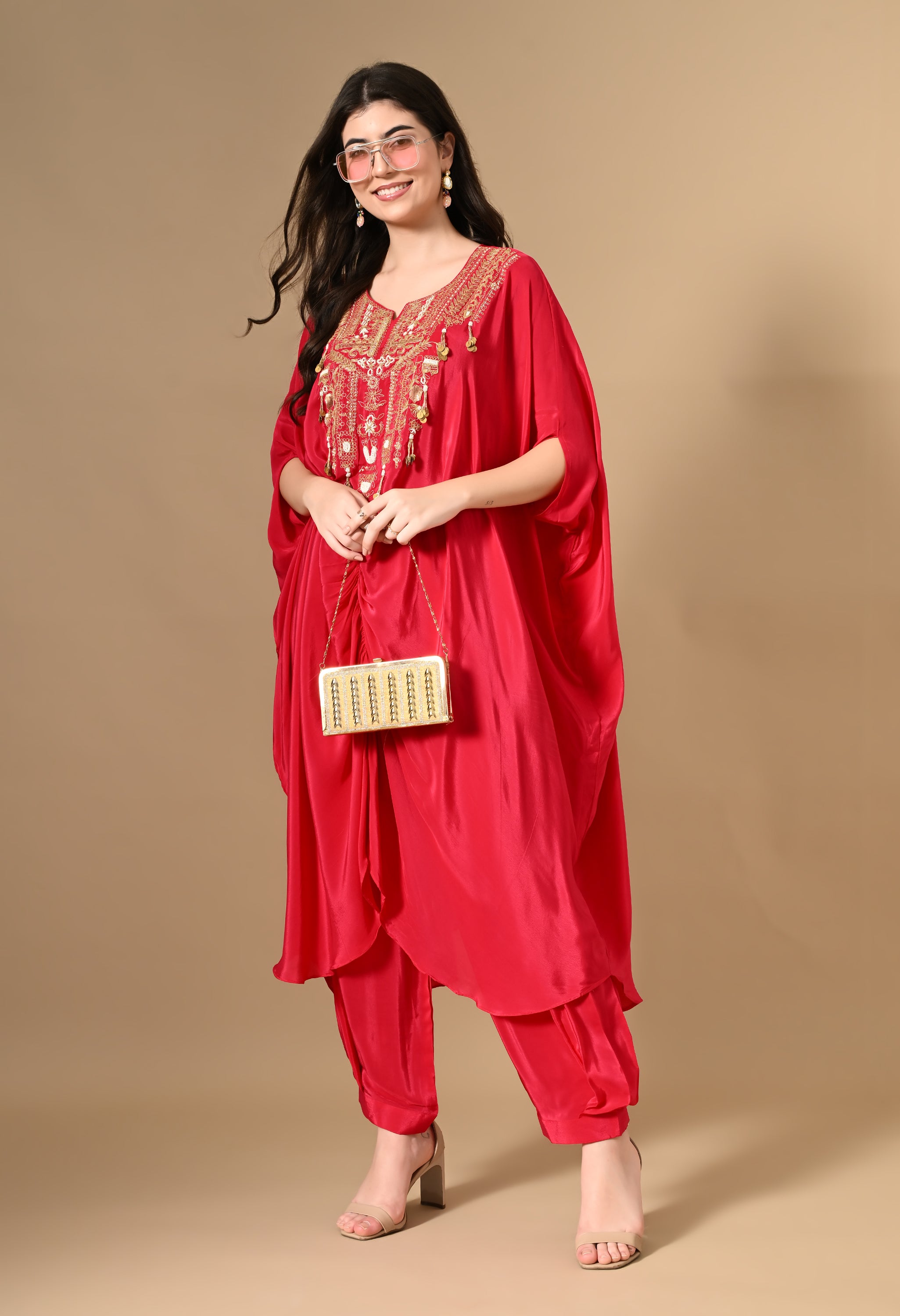 Red Kaftan Kurta Set, Gold Embroidered Kaftan, Elegant Women’s Wear, Comfortable Kaftan, Stylish Kaftan Outfit, Red, Kurta Set