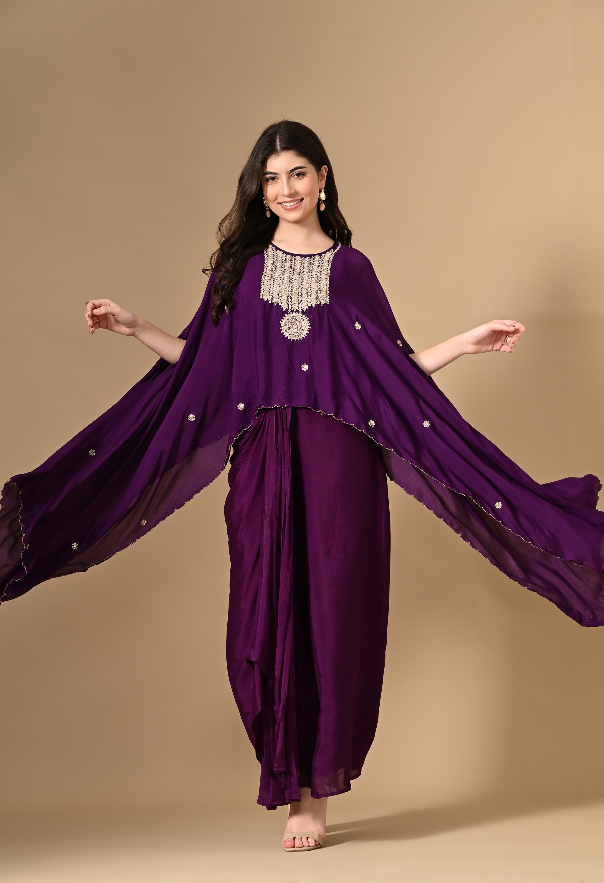 Purple Cape Embroidered Top with Skirt