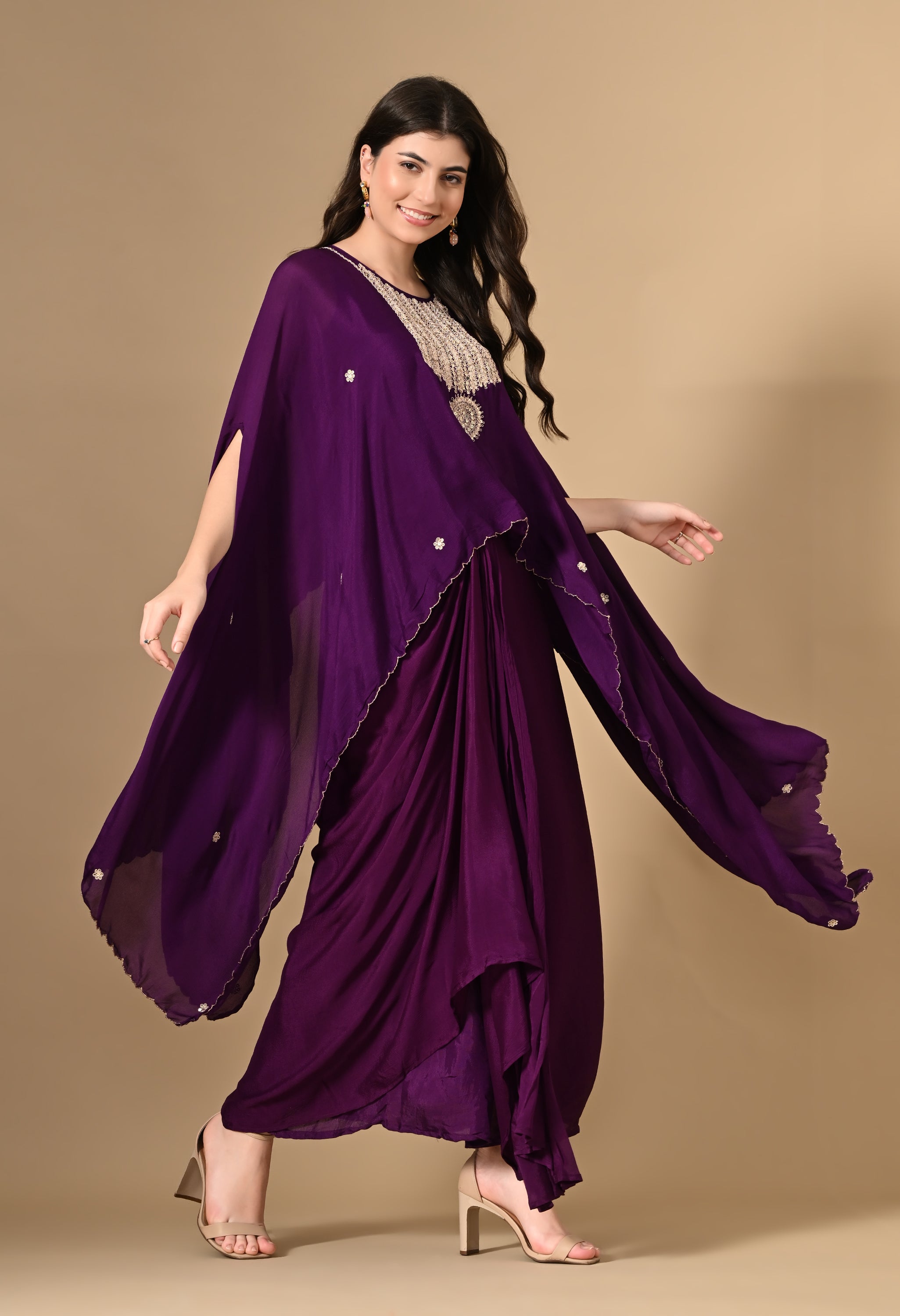 Purple Cape Embroidered Top with Skirt