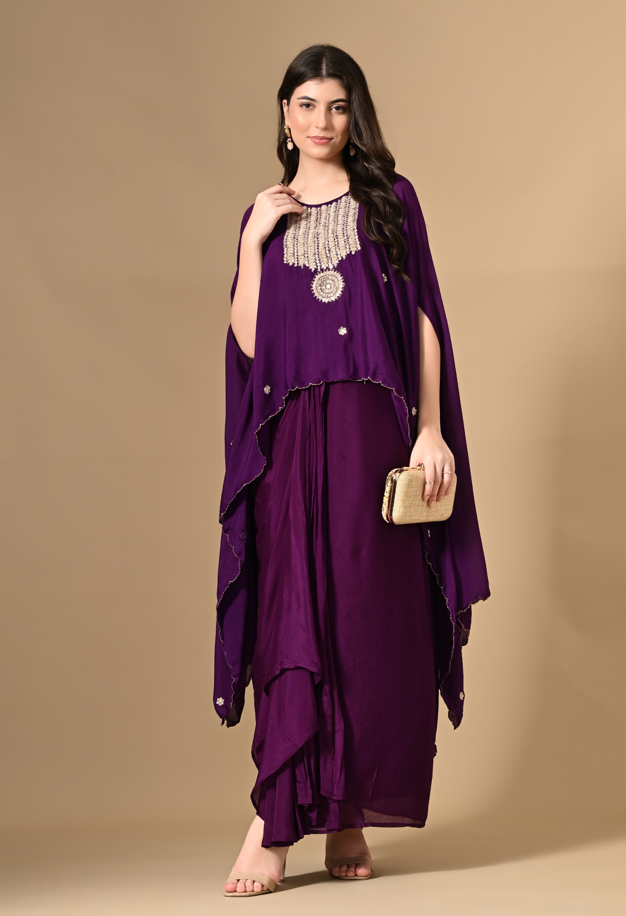 Purple Cape Embroidered Top with Skirt