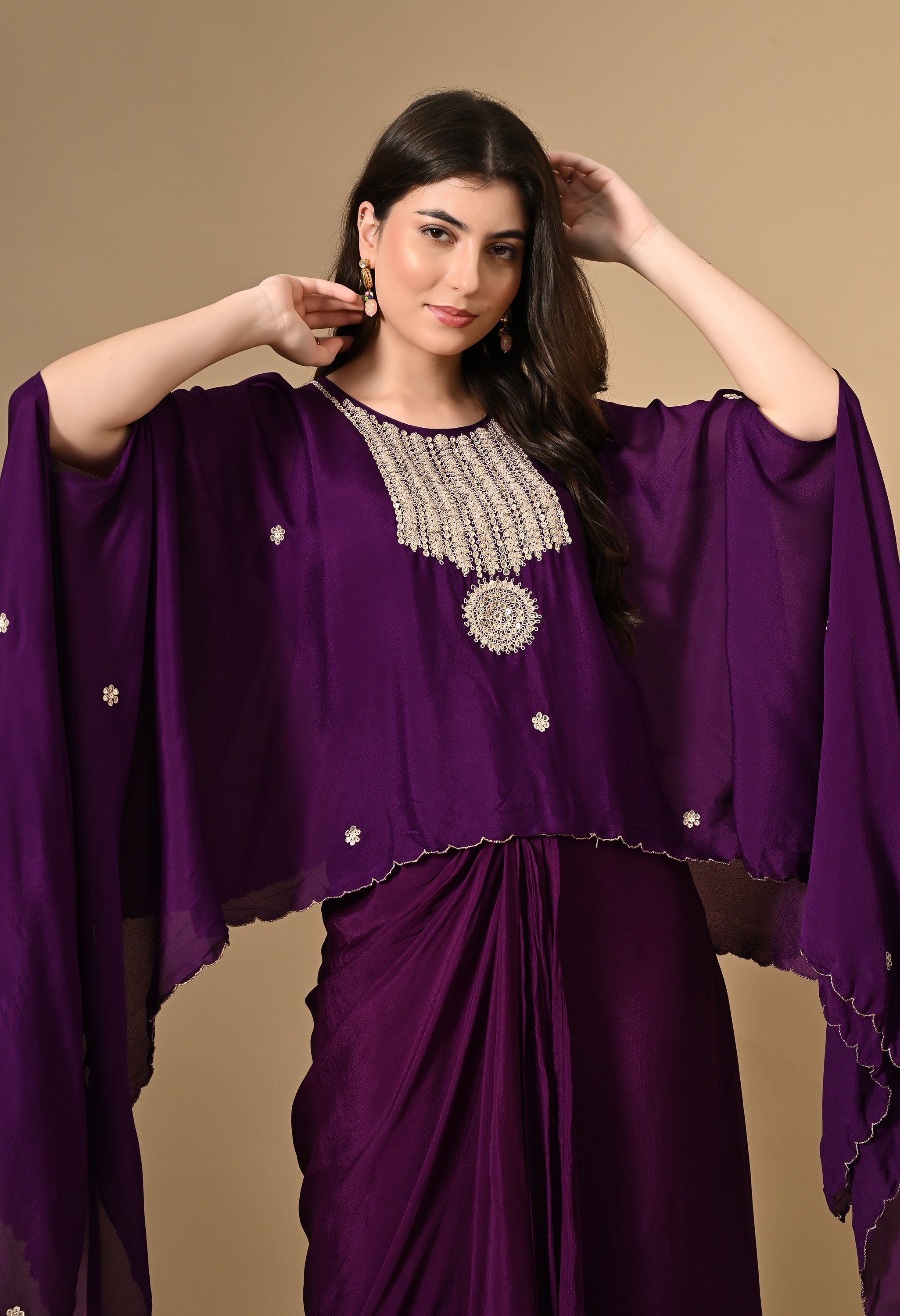 Purple Cape Embroidered Top with Skirt