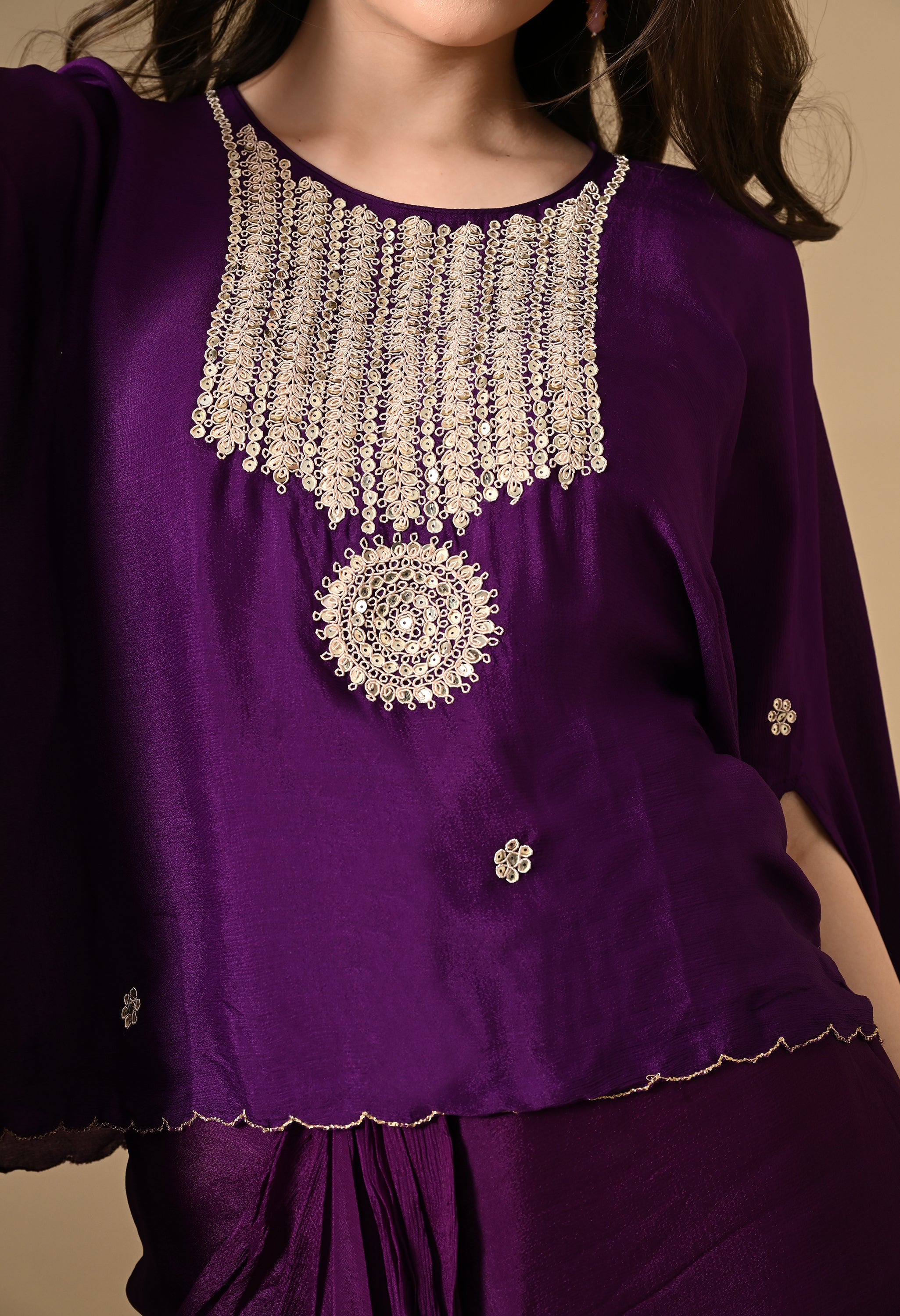 Purple Cape Embroidered Top with Skirt