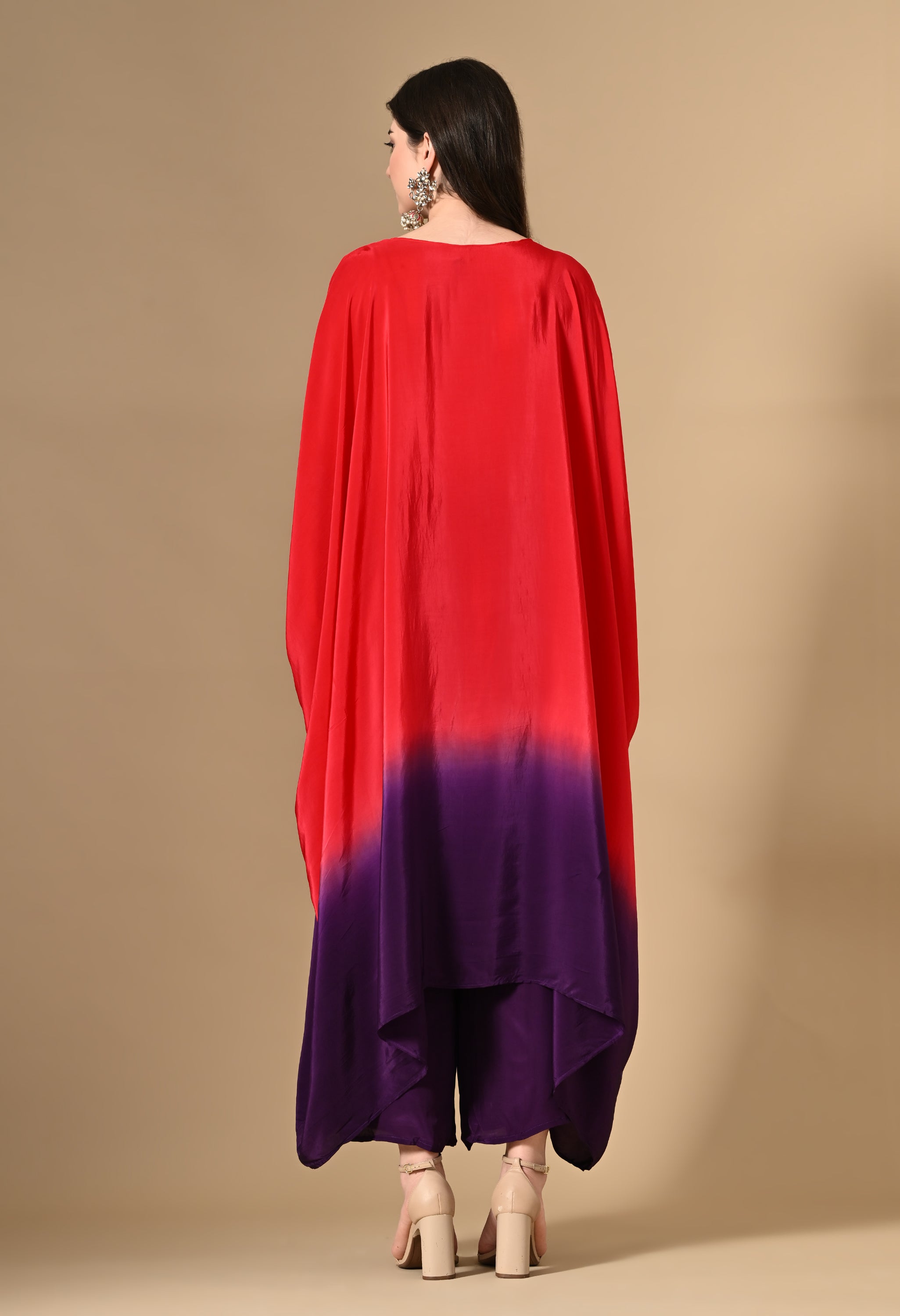 Red Tie-Dye Kaftan With Pants Set