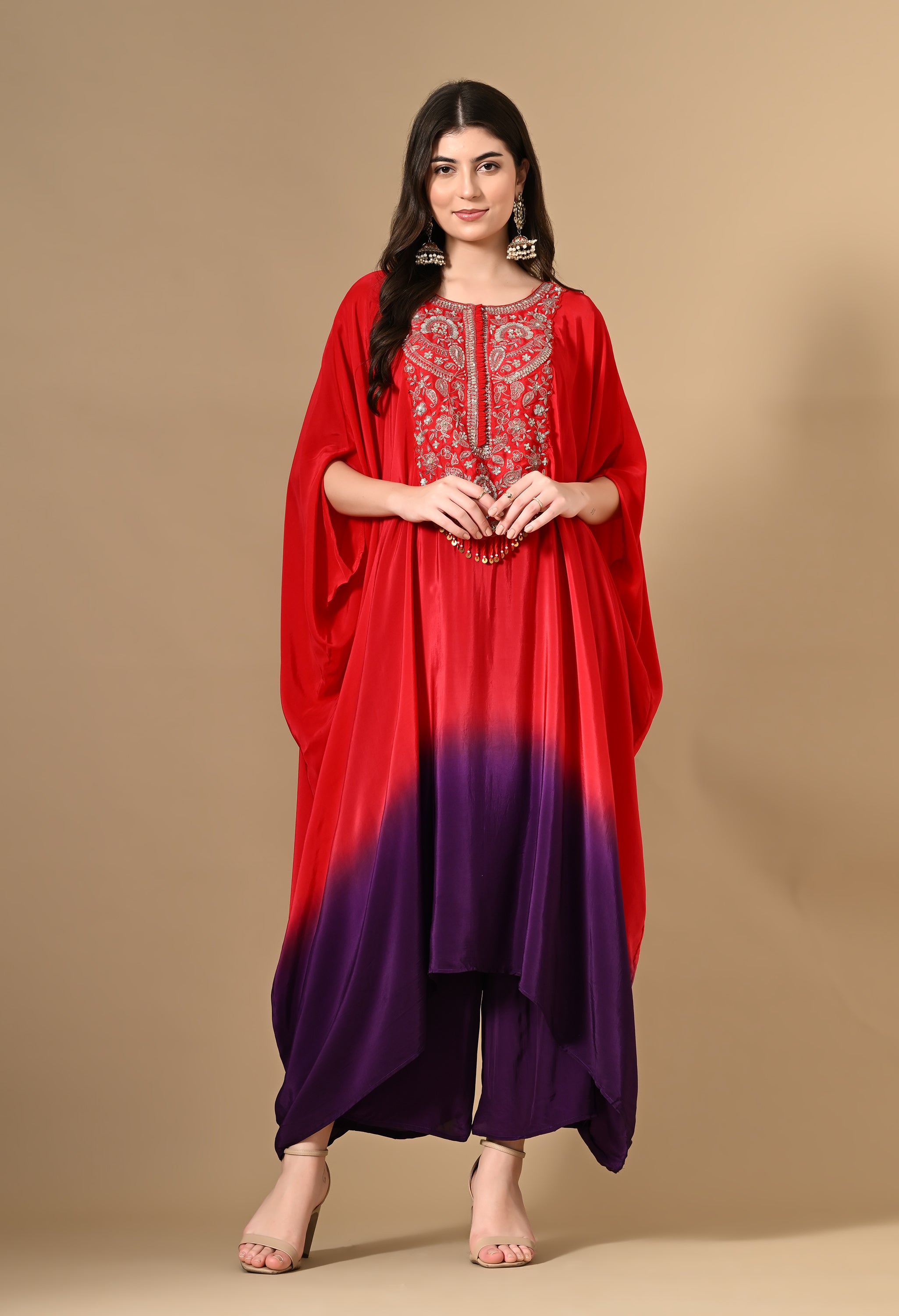 Red Tie-Dye Kaftan With Pants Set