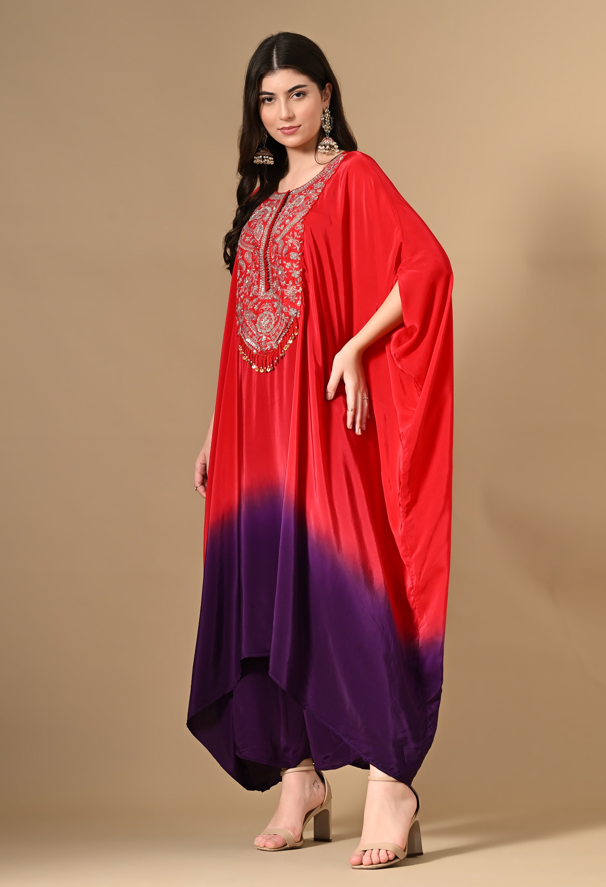 Red Tie-Dye Kaftan With Pants Set