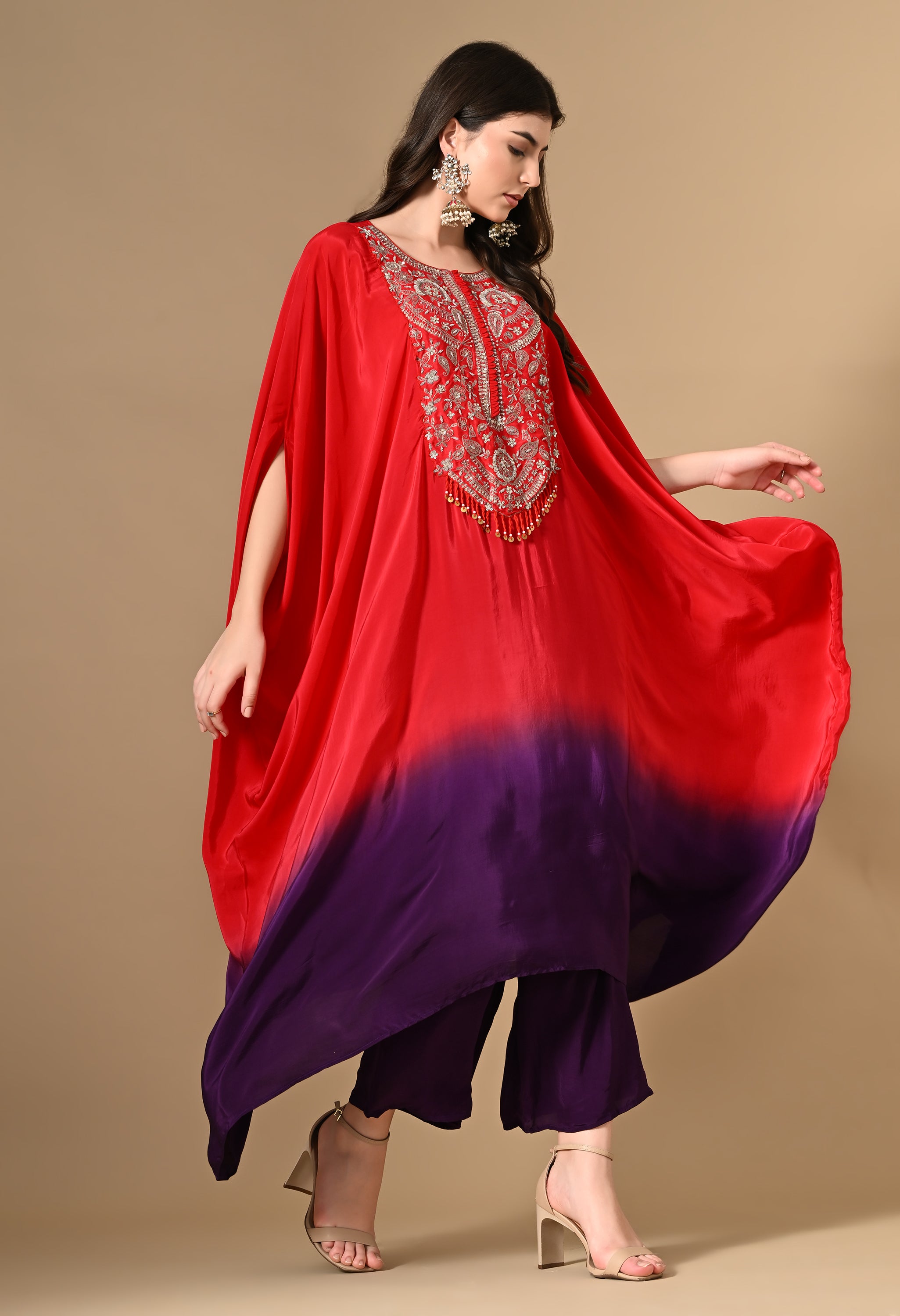 Red Tie-Dye Kaftan With Pants Set