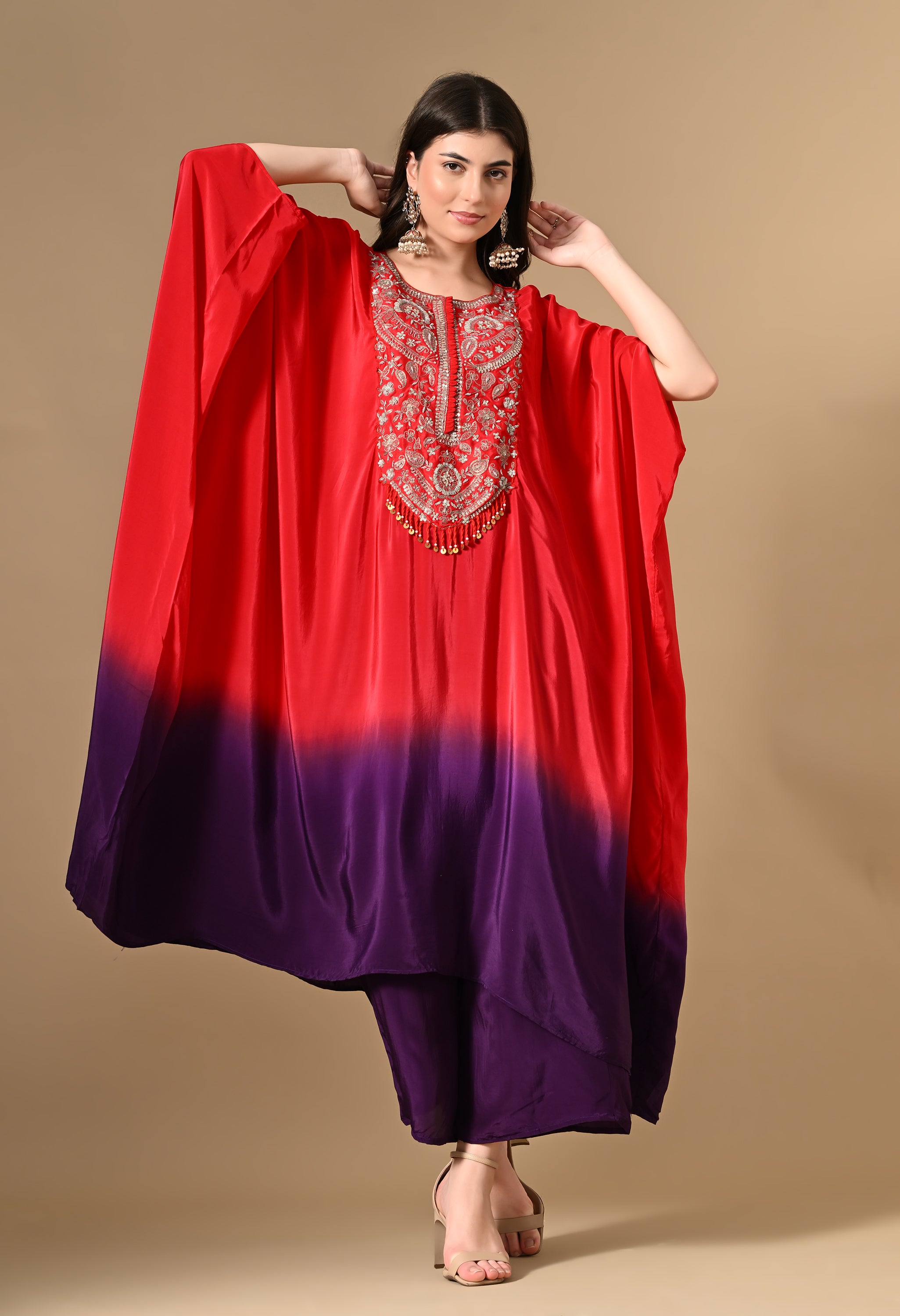 Red Tie-Dye Kaftan With Pants Set