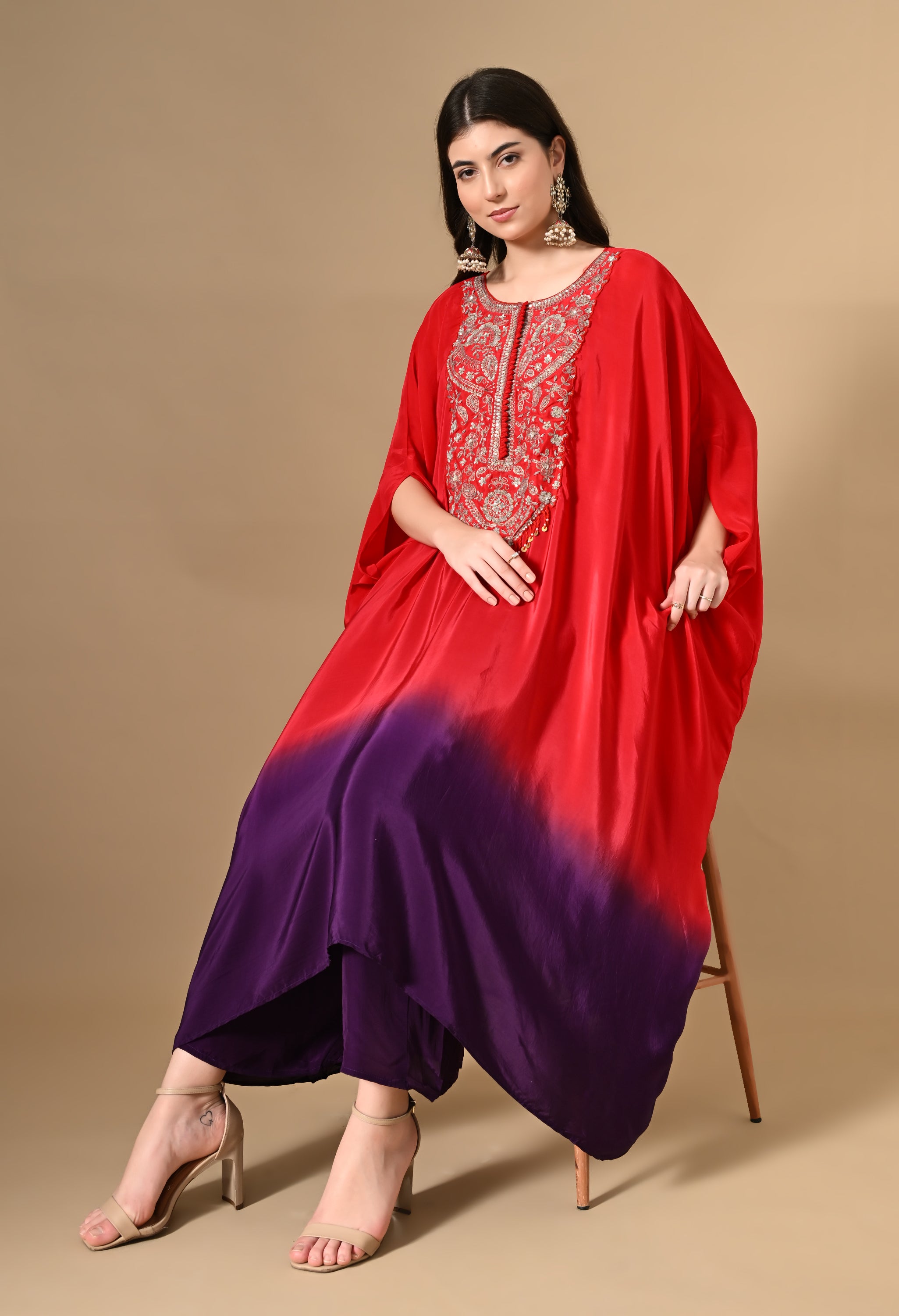 Red Tie-Dye Kaftan With Pants Set