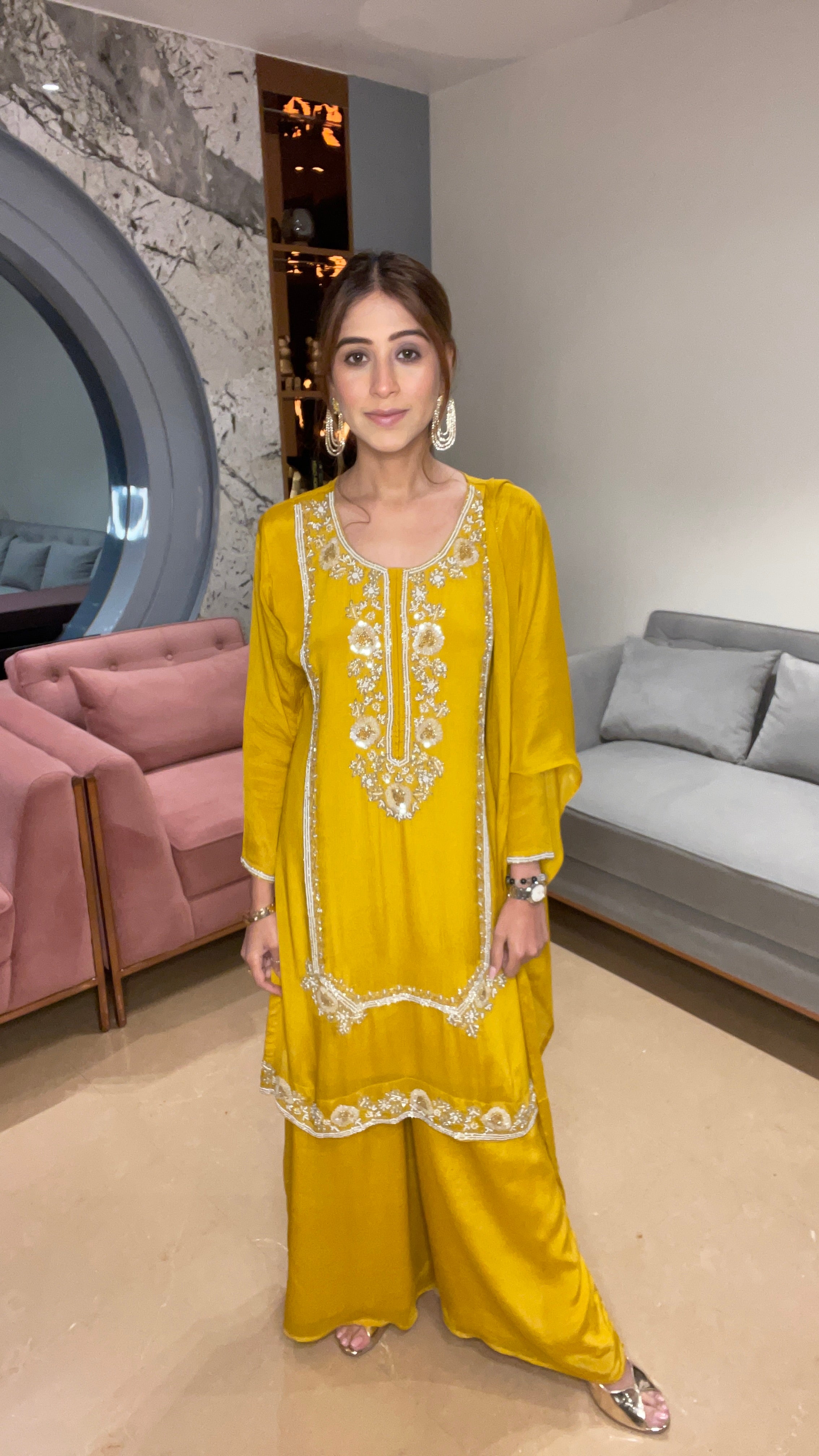 Embroidered Mustard Kurta with Palazzo Set