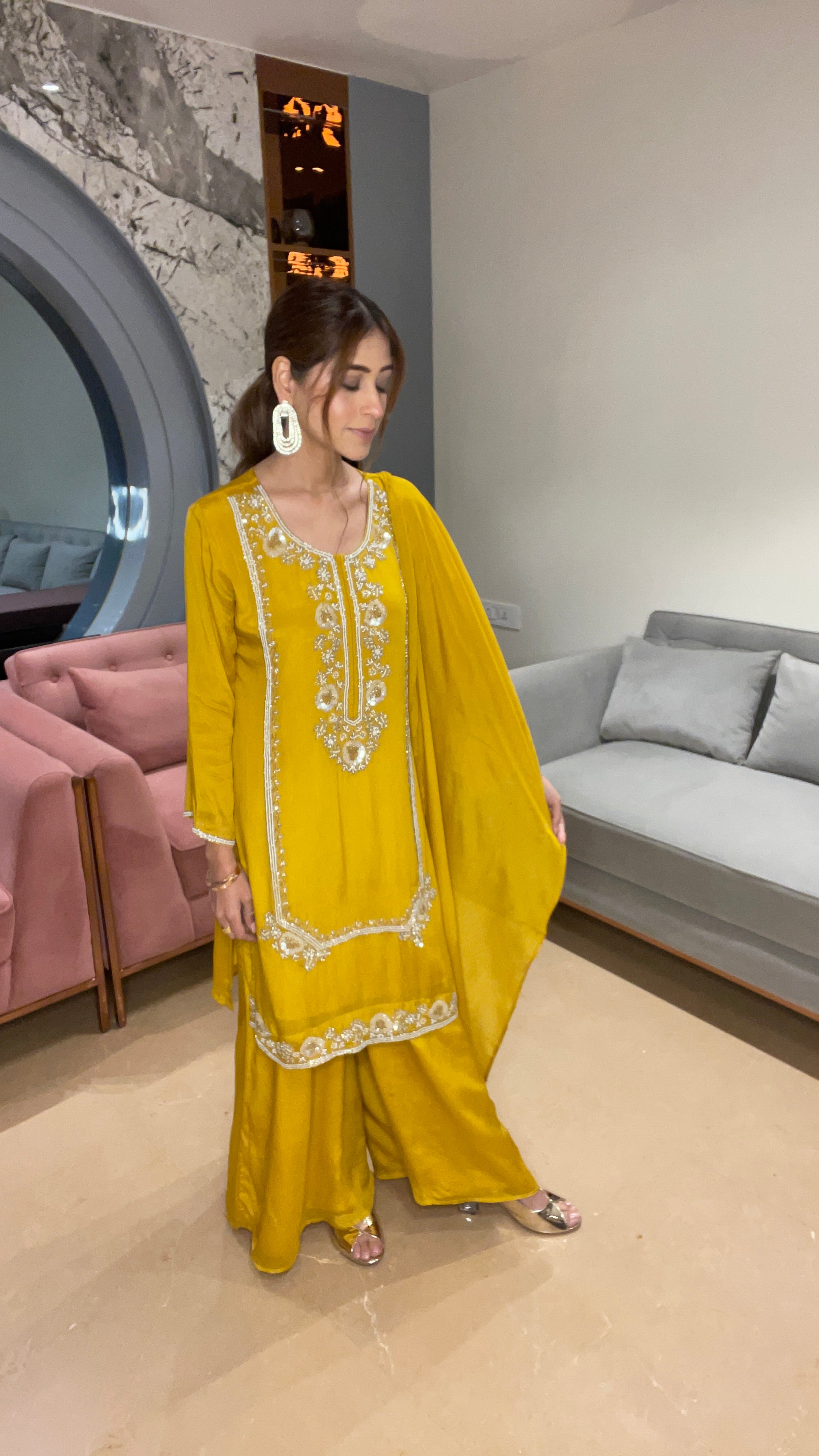 Embroidered Mustard Kurta with Palazzo Set