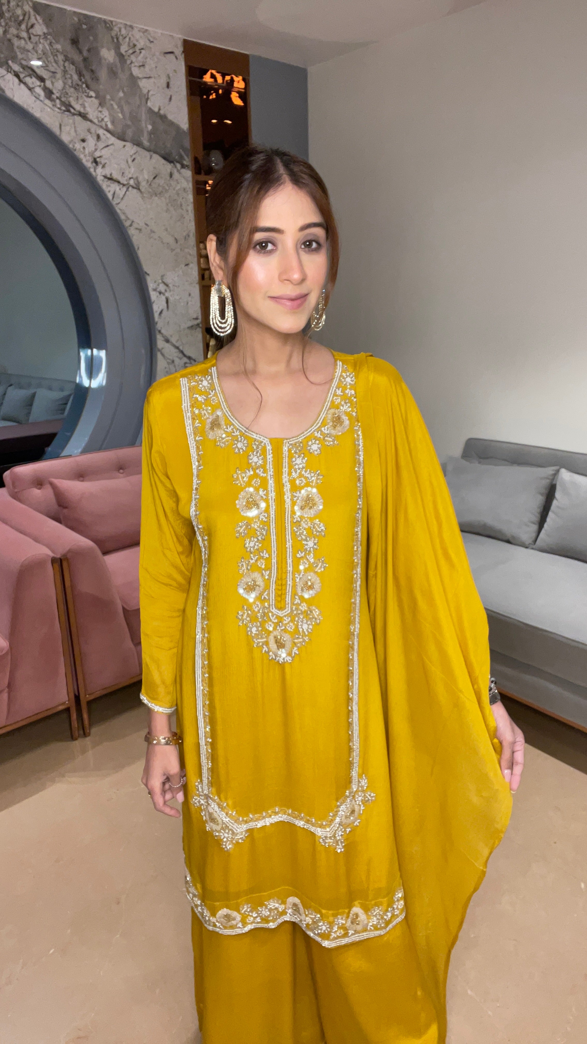 Embroidered Mustard Kurta with Palazzo Set