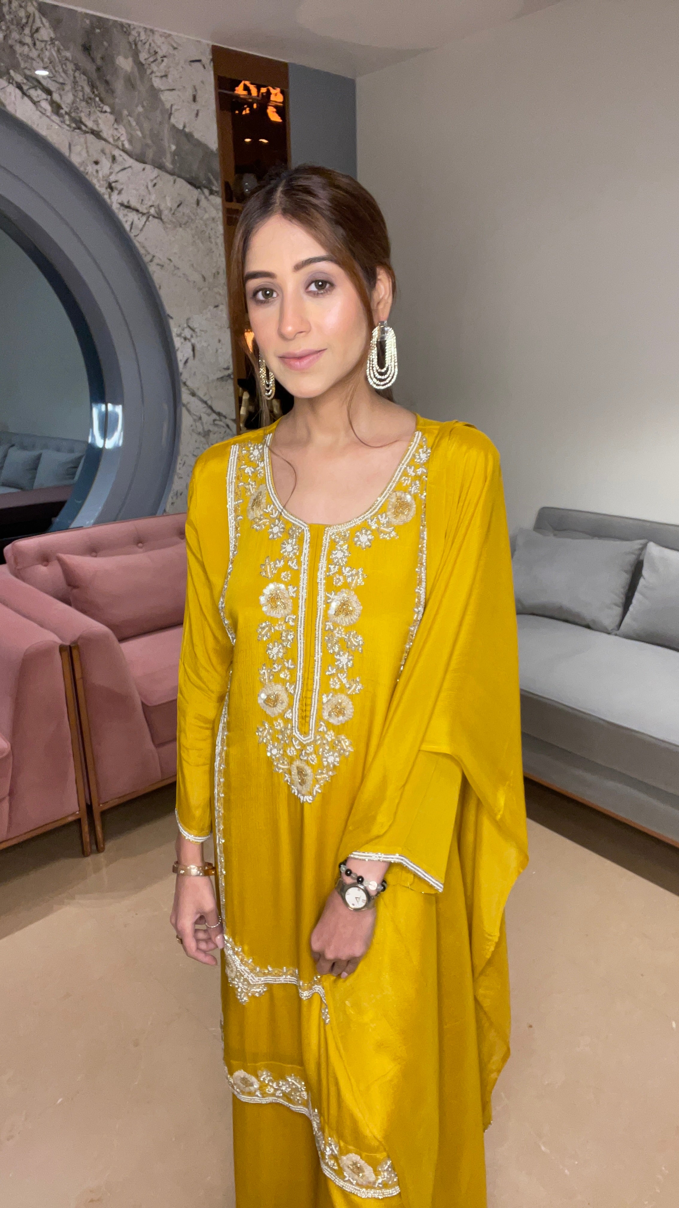 Embroidered Mustard Kurta with Palazzo Set