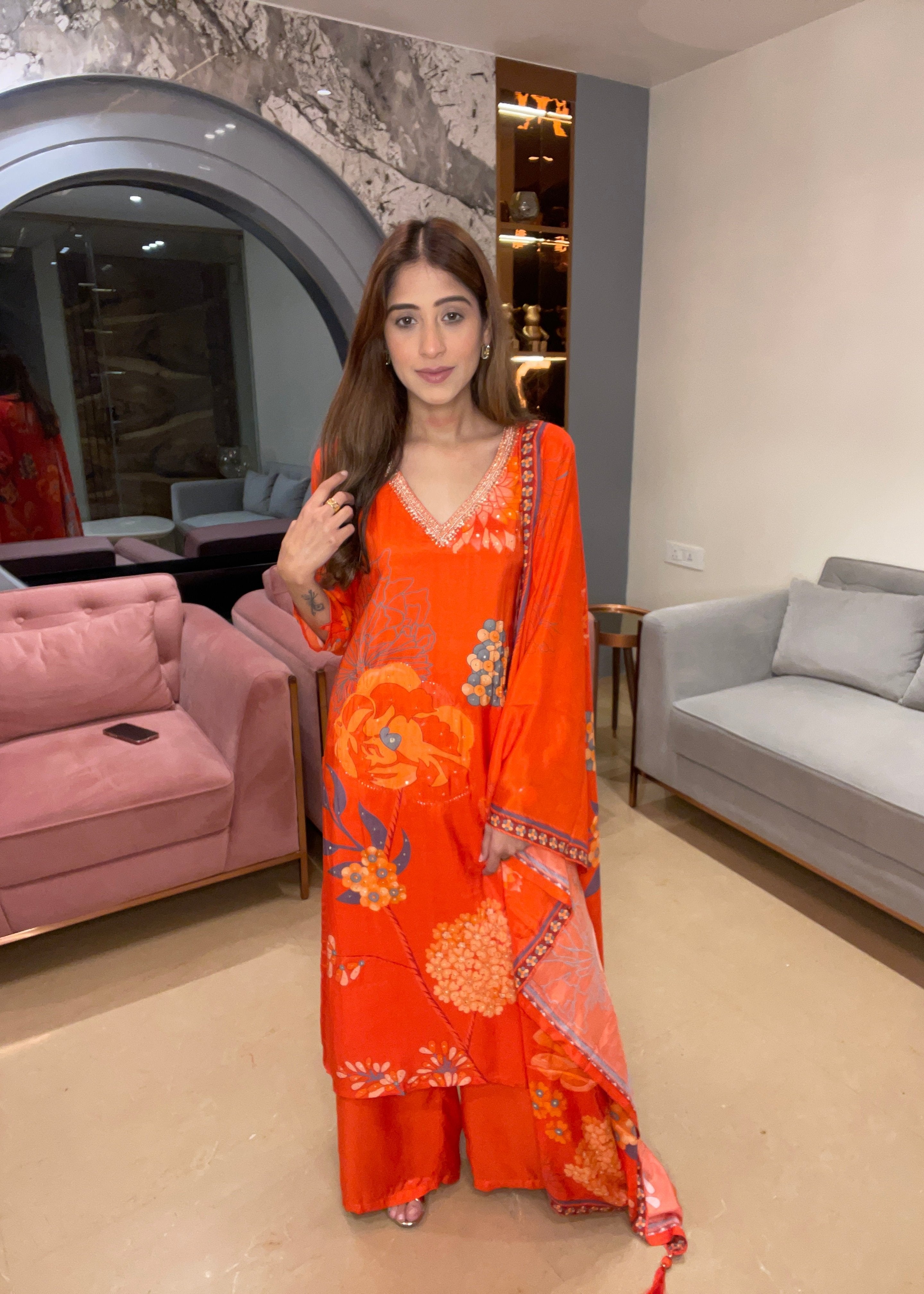 Orange Floral Fusion Kurta Set