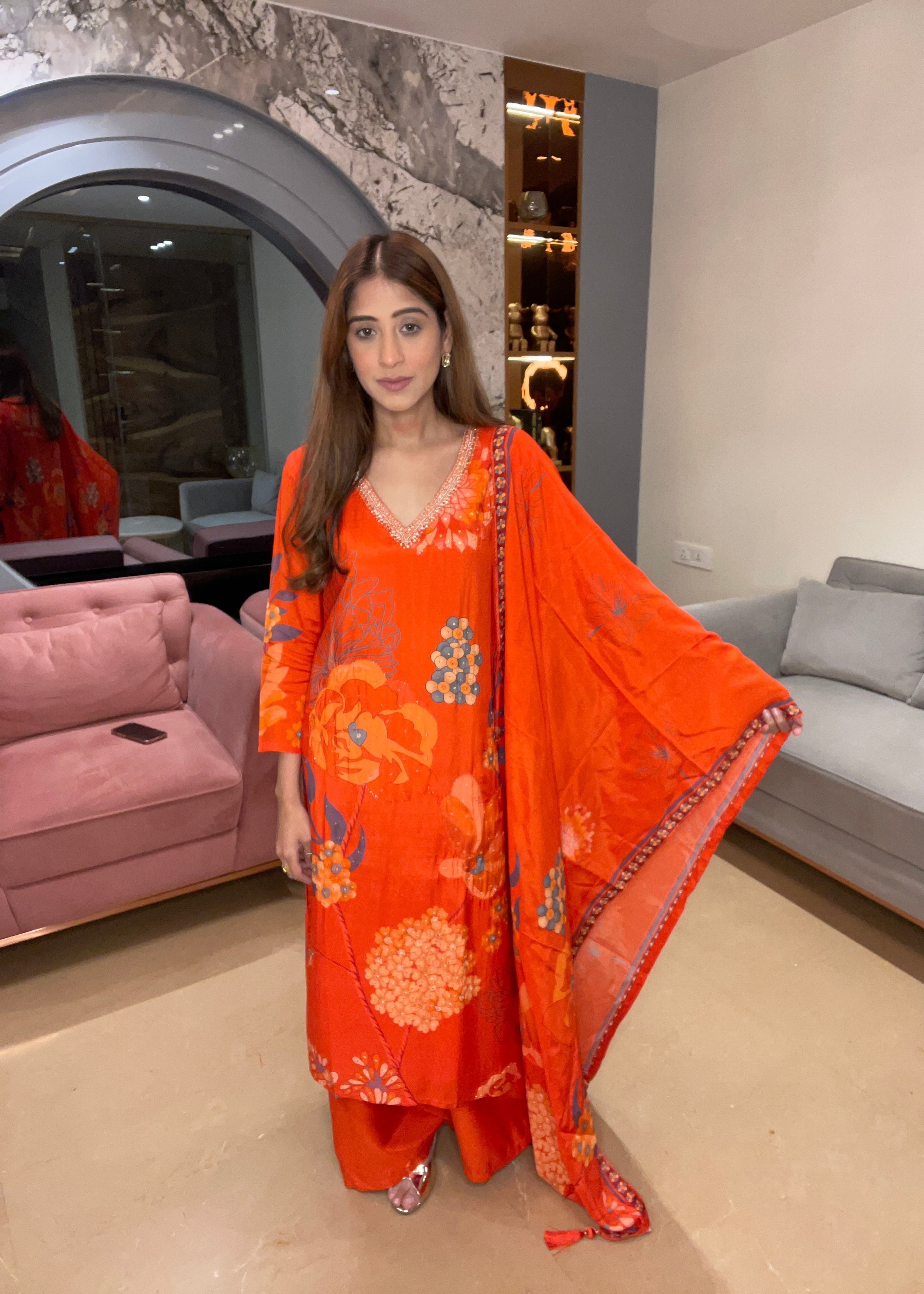 Orange Floral Fusion Kurta Set