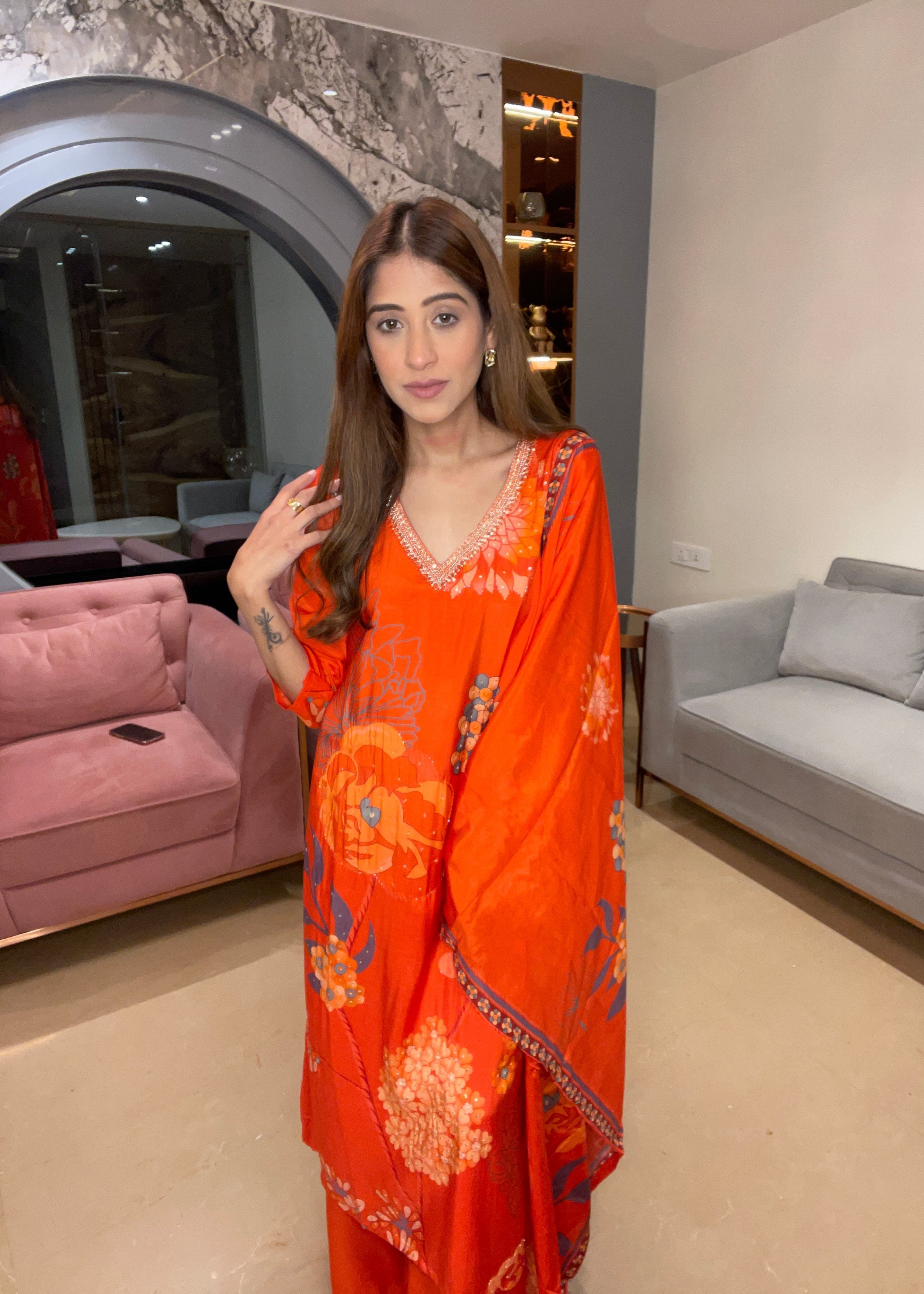 Orange Floral Fusion Kurta Set