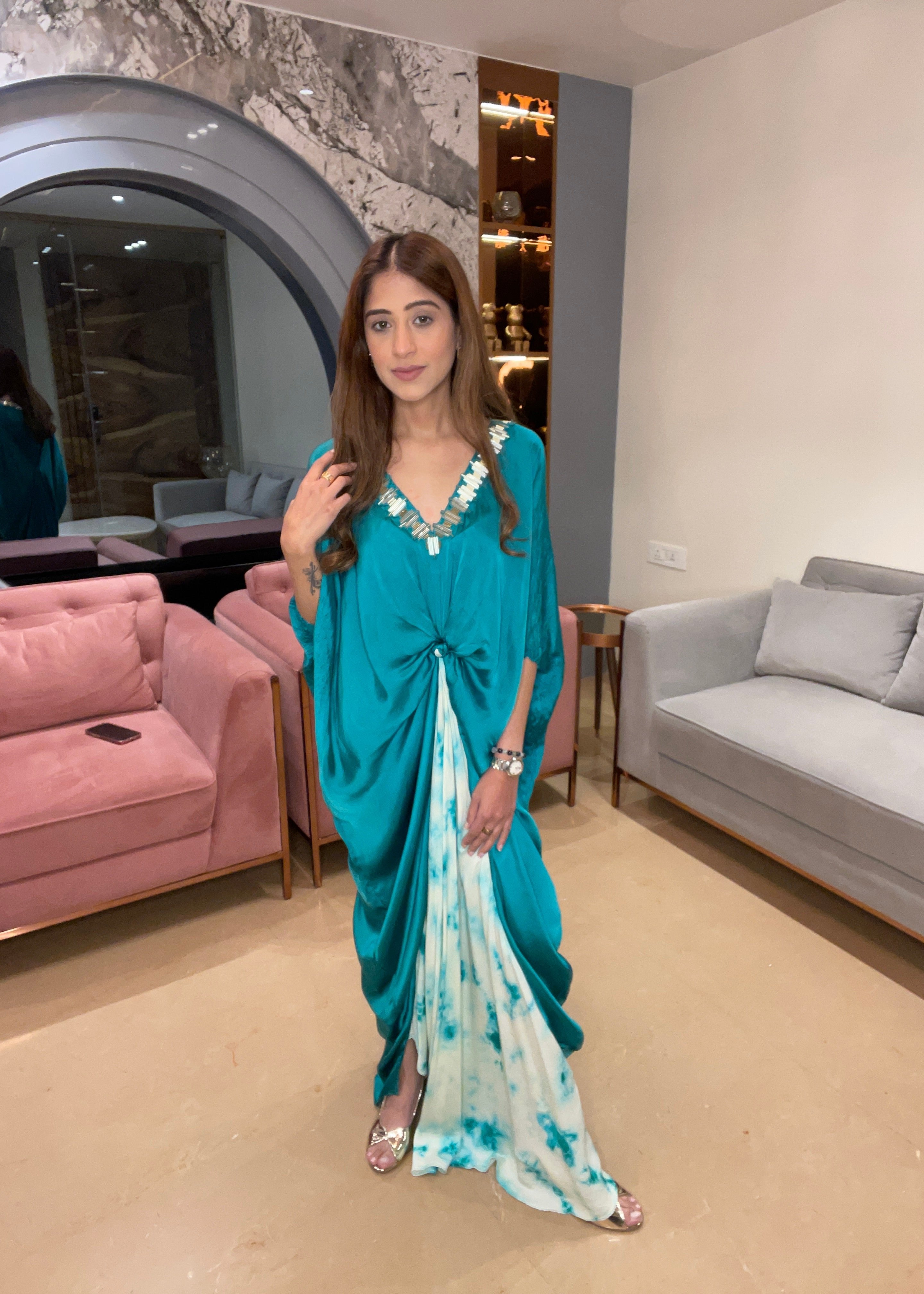 Turquoise Tie-Dye Kaftan Gown