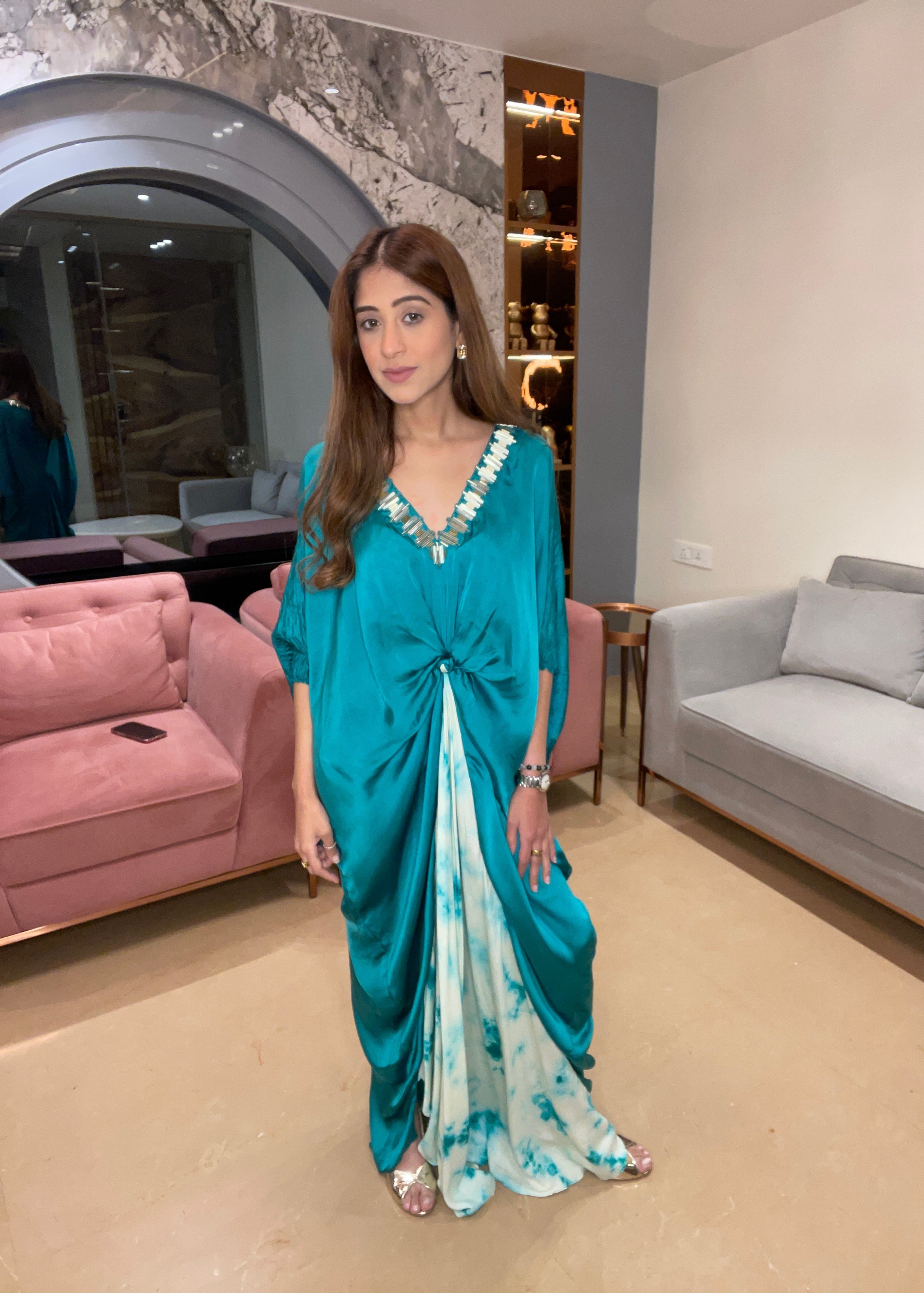 Turquoise Tie-Dye Kaftan Gown